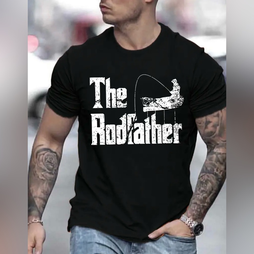 🎣 New! The Rodfather Funny Fishing Black Shirt Dad Gift Graphic T-Shirt Sz Large